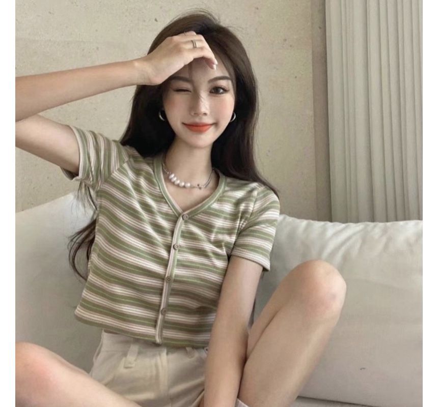 Short-Sleeve Crop Tee Button-Up V-Neck Striped