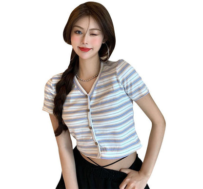 Short-Sleeve Crop Tee Button-Up V-Neck Striped