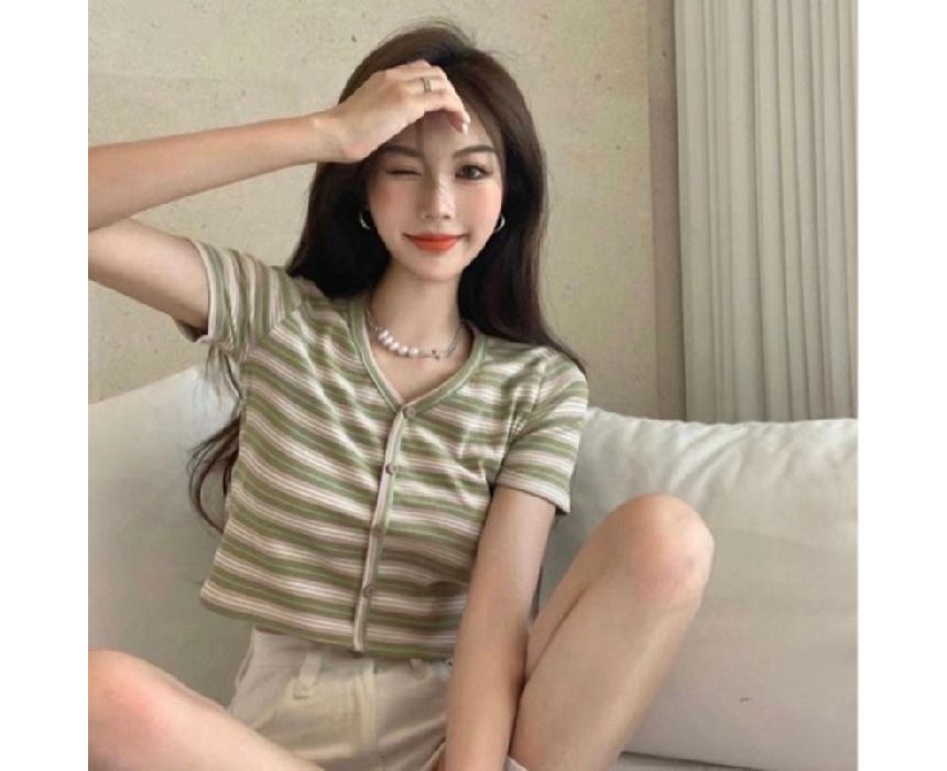 Short-Sleeve Crop Tee Button-Up V-Neck Striped