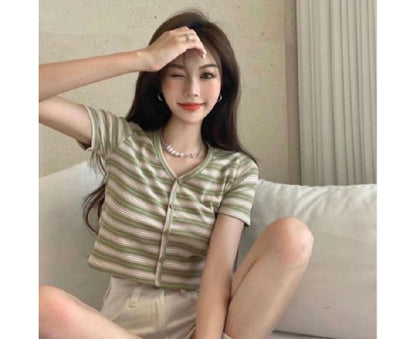 Short-Sleeve Crop Tee Button-Up V-Neck Striped