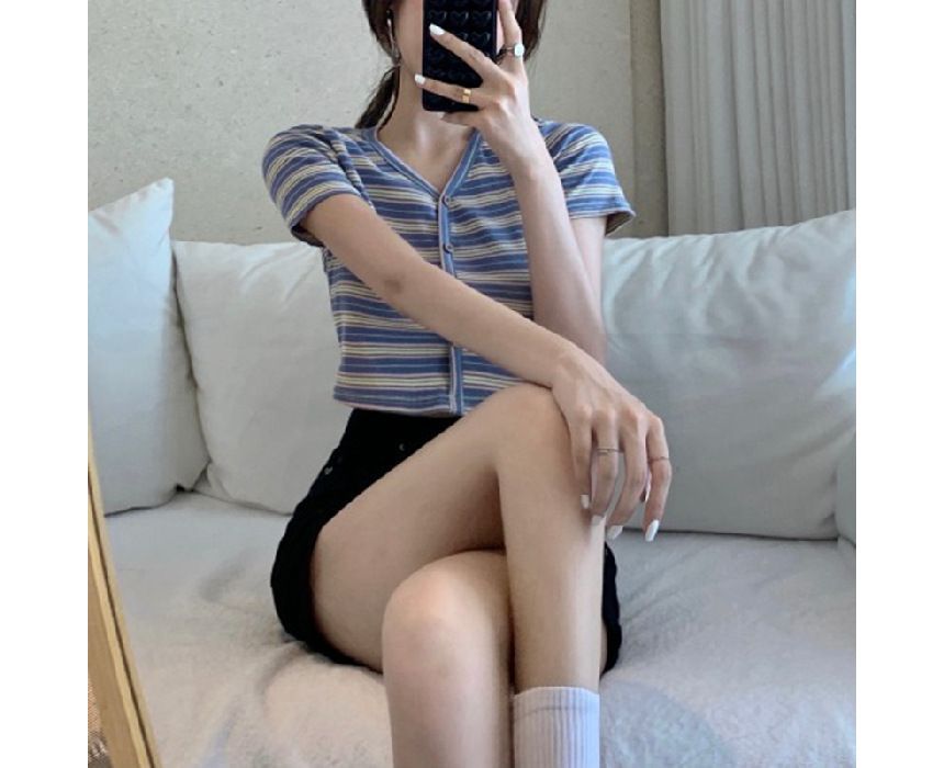 Short-Sleeve Crop Tee Button-Up V-Neck Striped