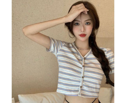 Short-Sleeve Crop Tee Button-Up V-Neck Striped