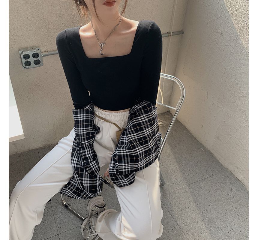 Crop T-Shirt Square-Neck Designs) Plain (Various