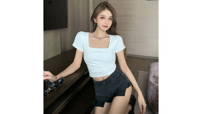 Crop T-Shirt Square-Neck Designs) Plain (Various
