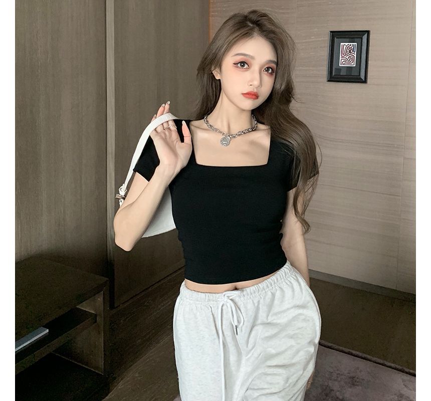 Crop T-Shirt Square-Neck Designs) Plain (Various