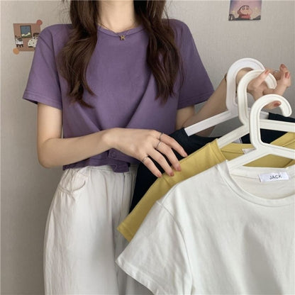 Plain Neck Round Buttoned Short-Sleeve Tee