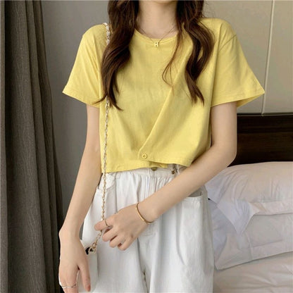 Plain Neck Round Buttoned Short-Sleeve Tee