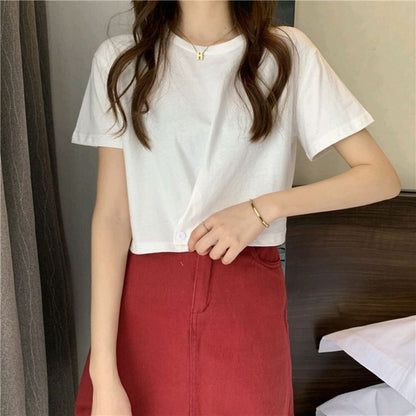 Plain Neck Round Buttoned Short-Sleeve Tee
