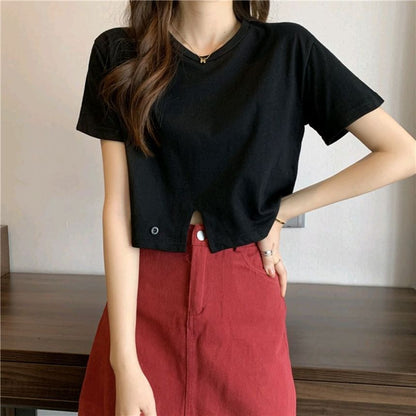 Plain Neck Round Buttoned Short-Sleeve Tee