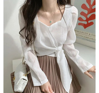 Tie-Side Sweetheart-Neckline Blouse Plain Puff-Sleeve