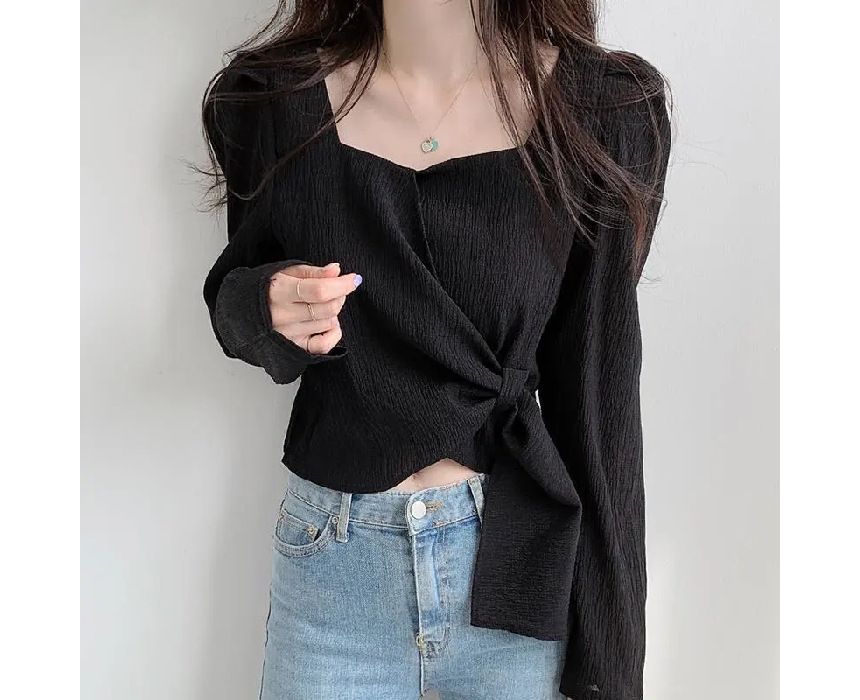 Tie-Side Sweetheart-Neckline Blouse Plain Puff-Sleeve