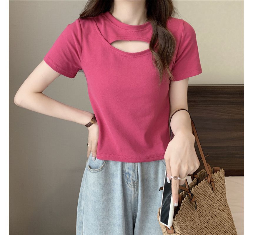 Cut Short-Sleeve T-Shirt Plain Neck Crew Out