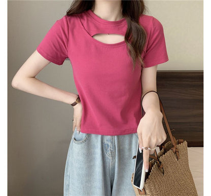 Cut Short-Sleeve T-Shirt Plain Neck Crew Out
