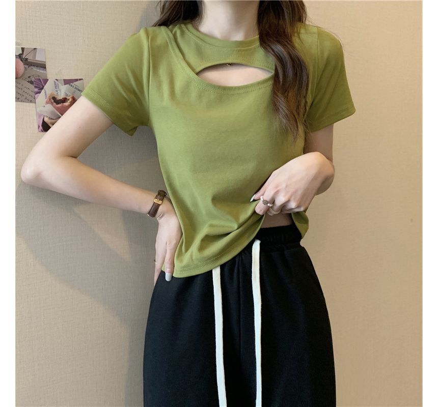 Cut Short-Sleeve T-Shirt Plain Neck Crew Out