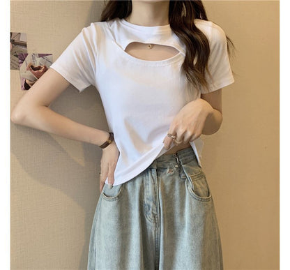 Cut Short-Sleeve T-Shirt Plain Neck Crew Out