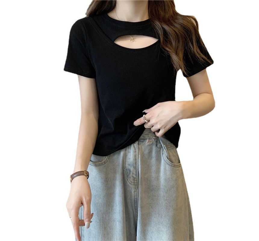 Cut Short-Sleeve T-Shirt Plain Neck Crew Out