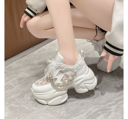 Platform Lace Pearl Lace-Up Pattered Panel Faux Sneakers