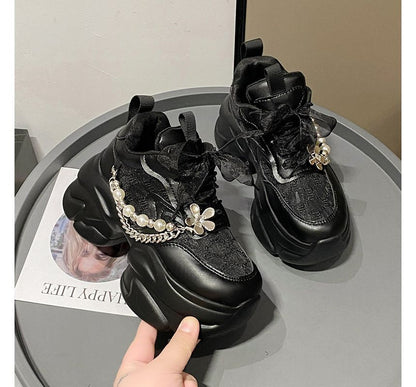 Platform Lace Pearl Lace-Up Pattered Panel Faux Sneakers