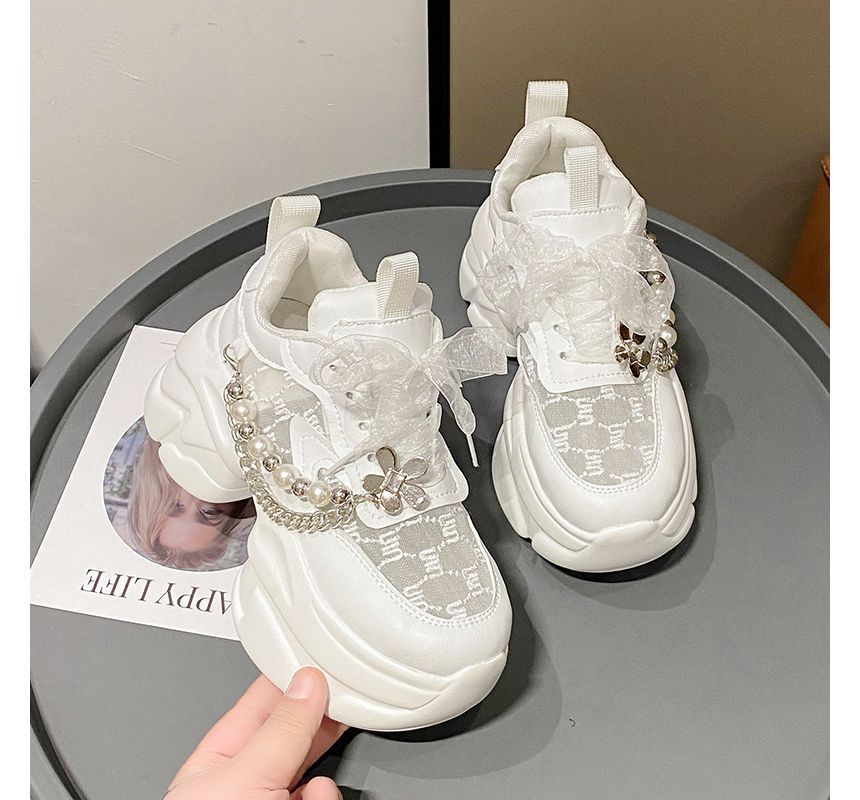 Platform Lace Pearl Lace-Up Pattered Panel Faux Sneakers