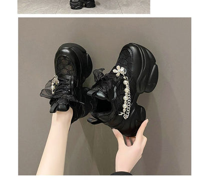 Platform Lace Pearl Lace-Up Pattered Panel Faux Sneakers