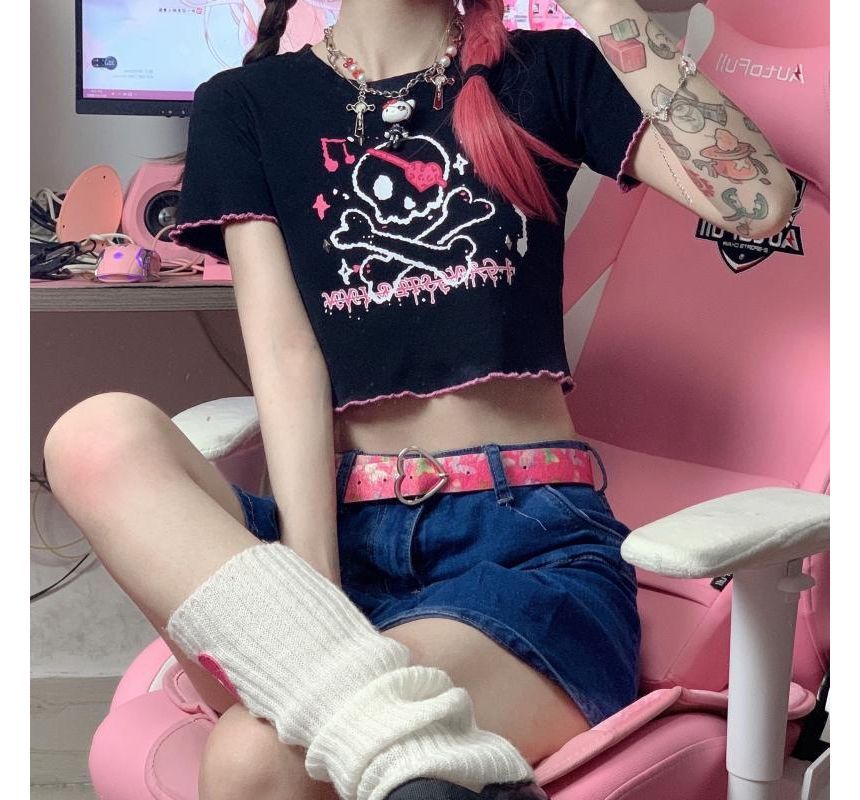 Contrast Crew Trim Tee Skull Crop Neck Print Short-Sleeve