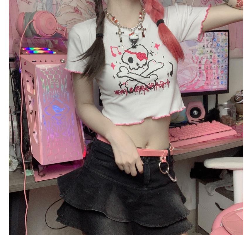 Contrast Crew Trim Tee Skull Crop Neck Print Short-Sleeve