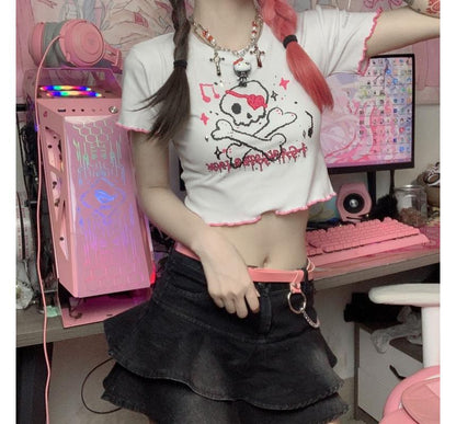 Contrast Crew Trim Tee Skull Crop Neck Print Short-Sleeve