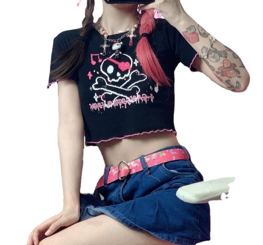 Contrast Crew Trim Tee Skull Crop Neck Print Short-Sleeve