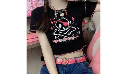 Contrast Crew Trim Tee Skull Crop Neck Print Short-Sleeve