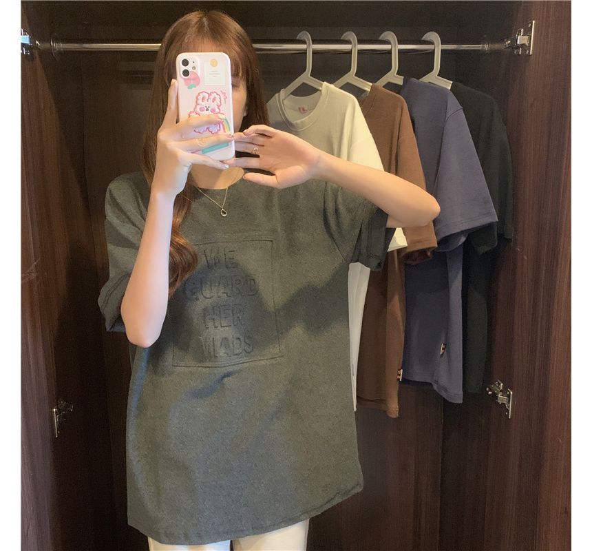 Tee Plain Lettering Oversized Embossed Elbow-Sleeve Crew Neck