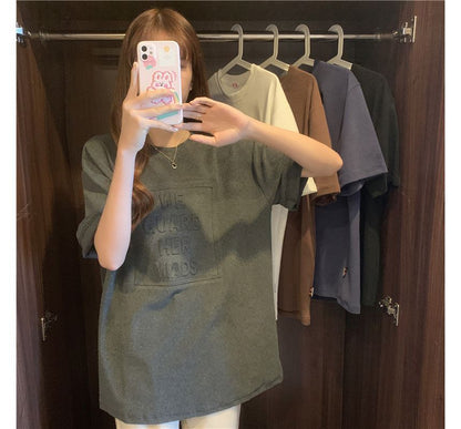 Tee Plain Lettering Oversized Embossed Elbow-Sleeve Crew Neck