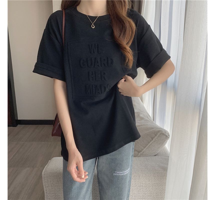 Tee Plain Lettering Oversized Embossed Elbow-Sleeve Crew Neck
