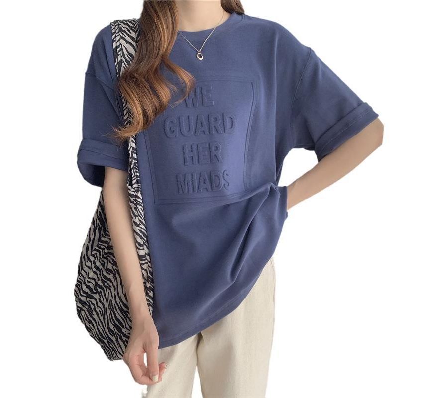 Tee Plain Lettering Oversized Embossed Elbow-Sleeve Crew Neck