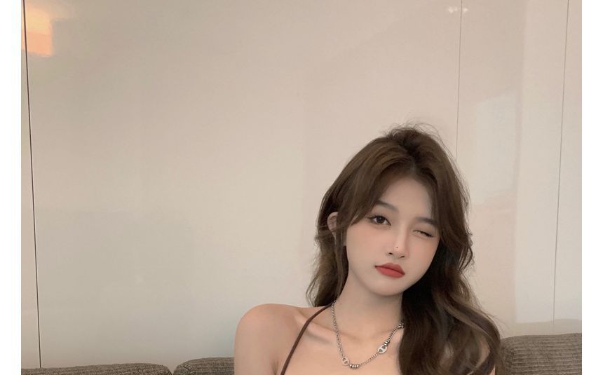 Slim-Fit Halter Short-Sleeve Plain Top