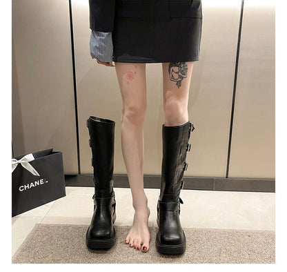 Faux Leather Buckled Tall Boots