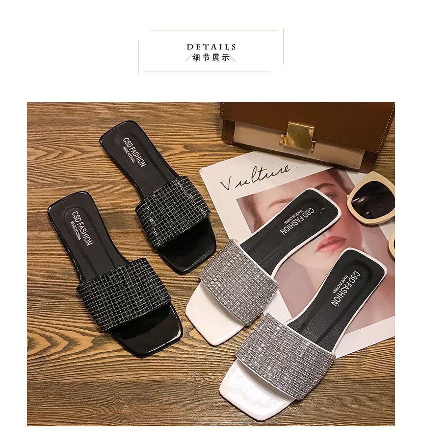 Flat Rhinestone Slide Sandals