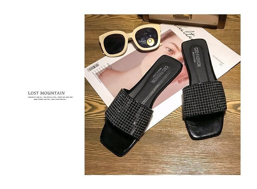 Flat Rhinestone Slide Sandals