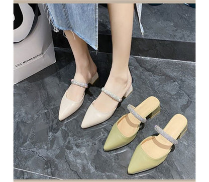 Slide Chunky Heel Sandals Rhinestone