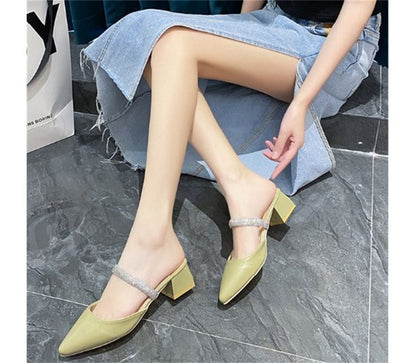 Slide Chunky Heel Sandals Rhinestone