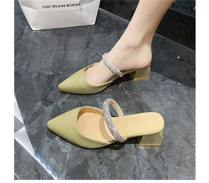 Slide Chunky Heel Sandals Rhinestone