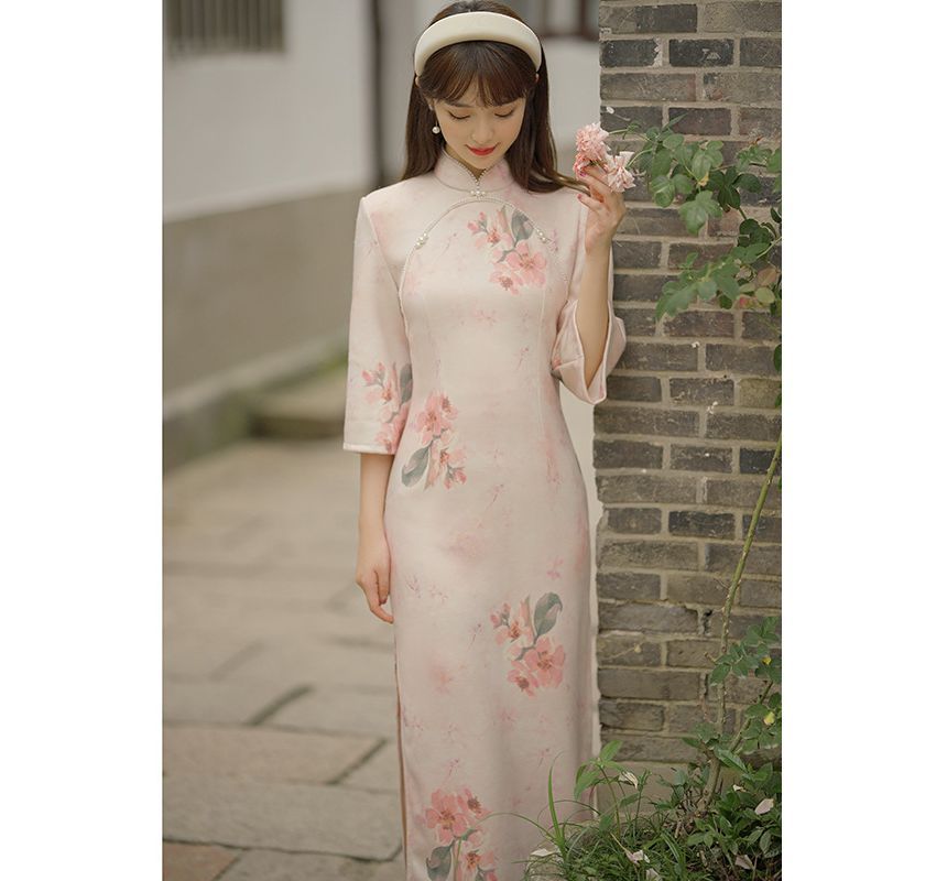 3/4-Sleeve Floral Print Faux Pearl Faux Suede Midi Sheath Qipao