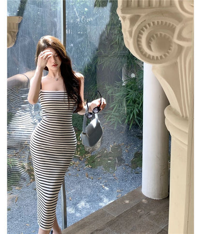 Spaghetti Strap Striped Midi Bodycon Dress