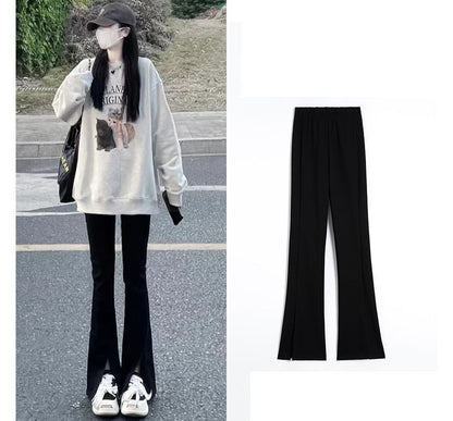 Elastic Waist Plain Flared  Pants