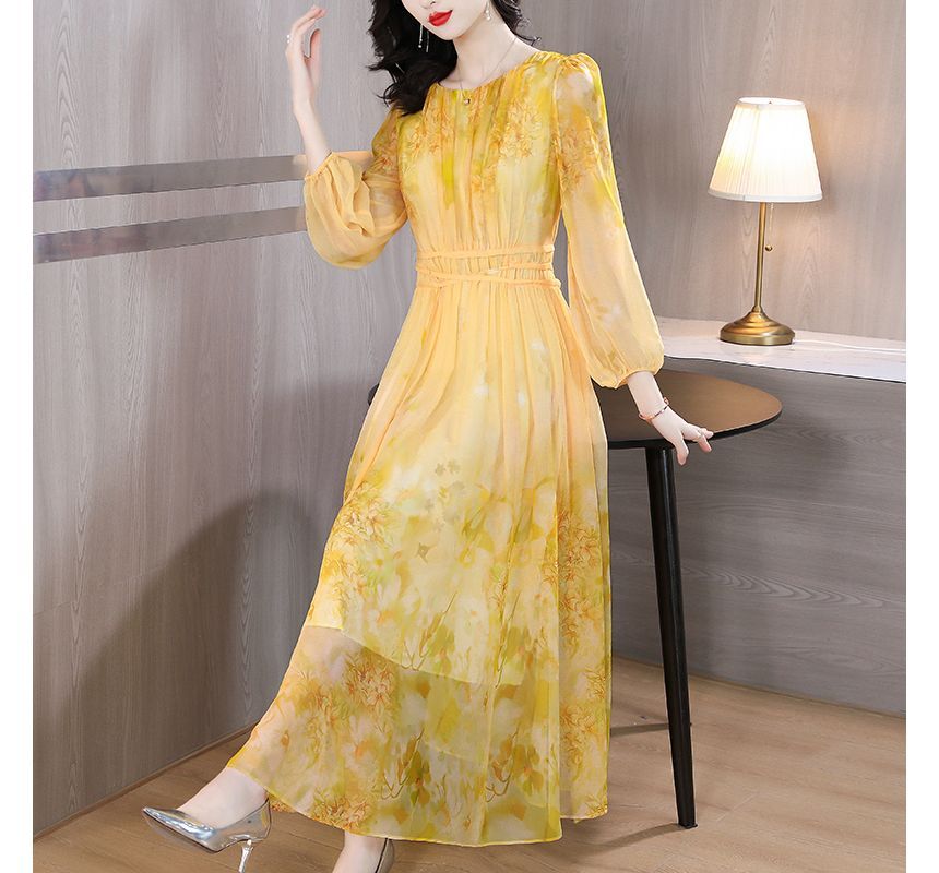 Long-Sleeve Crew Neck Print Maxi A-Line Dress