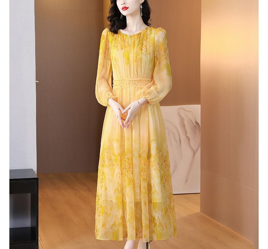 Long-Sleeve Crew Neck Print Maxi A-Line Dress