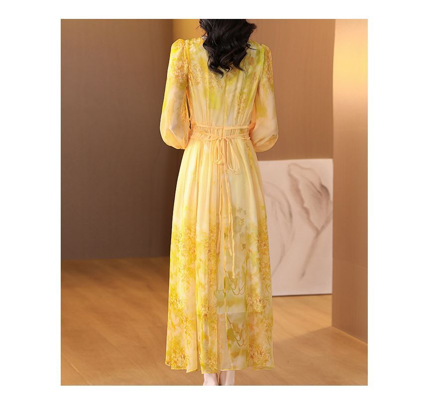 Long-Sleeve Crew Neck Print Maxi A-Line Dress