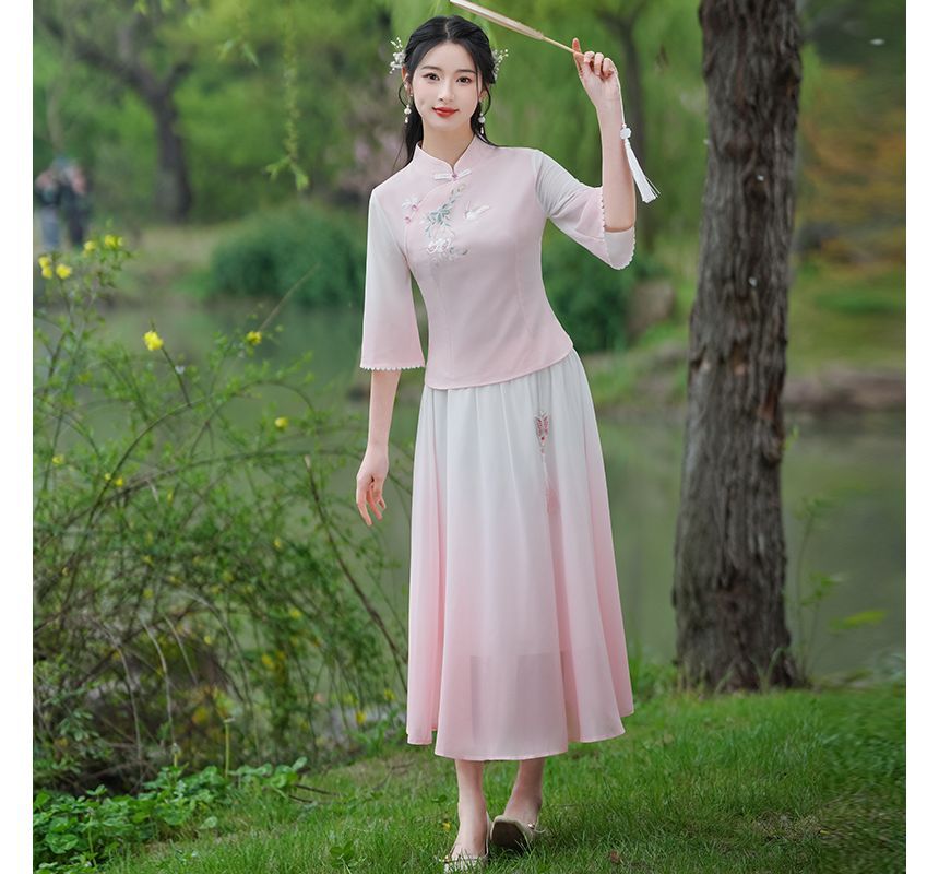 Traditional Chinese 3/4-Sleeve Top / High Rise Midi A-Line Skirt