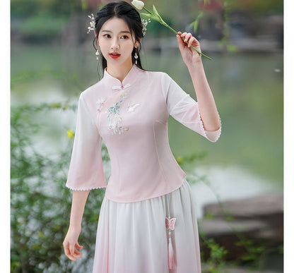 Traditional Chinese 3/4-Sleeve Top / High Rise Midi A-Line Skirt