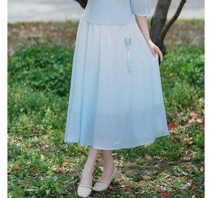 Traditional Chinese 3/4-Sleeve Top / High Rise Midi A-Line Skirt