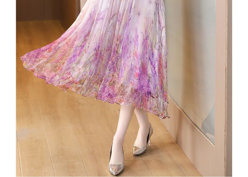 Long-Sleeve Crew Neck Floral Print Midi A-Line Dress